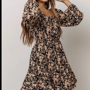 Ruffle Dress | Black + Taupe Print